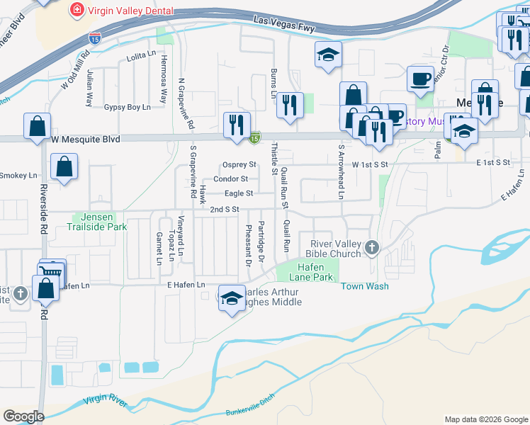 map of restaurants, bars, coffee shops, grocery stores, and more near 250 Thistle Street in Mesquite