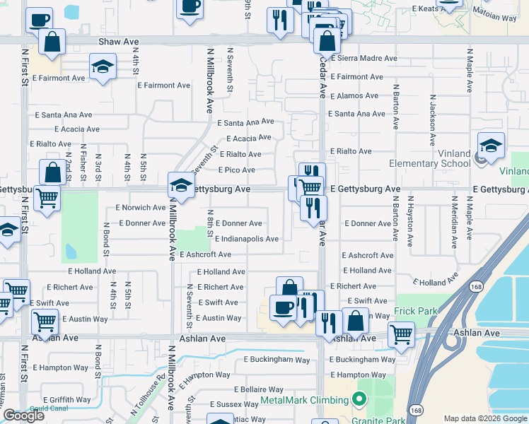 map of restaurants, bars, coffee shops, grocery stores, and more near 4495 North Sharon Avenue in Fresno