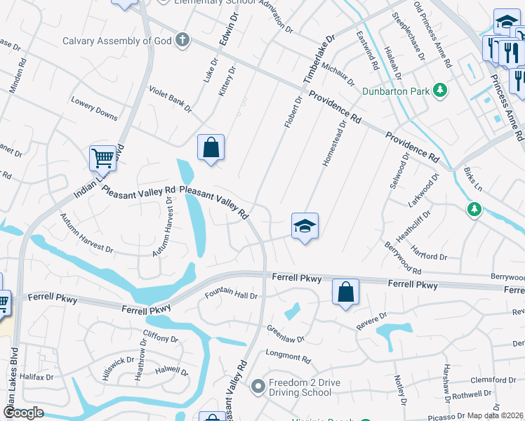 map of restaurants, bars, coffee shops, grocery stores, and more near 1229 Cherry Blossom Court in Virginia Beach