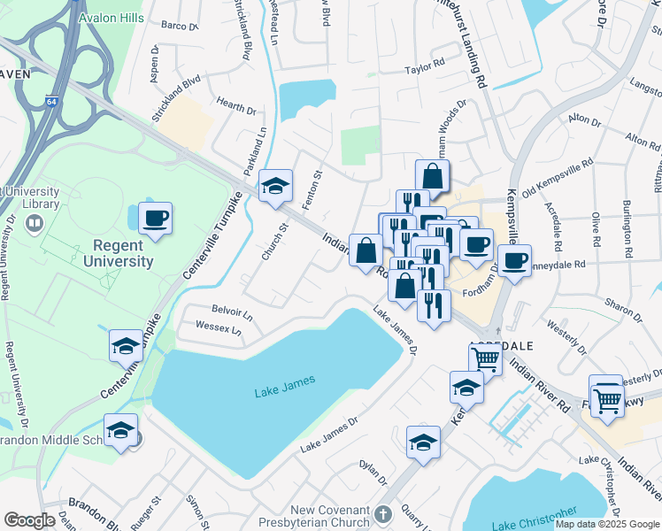 map of restaurants, bars, coffee shops, grocery stores, and more near 1269 Ferry Point Road in Virginia Beach