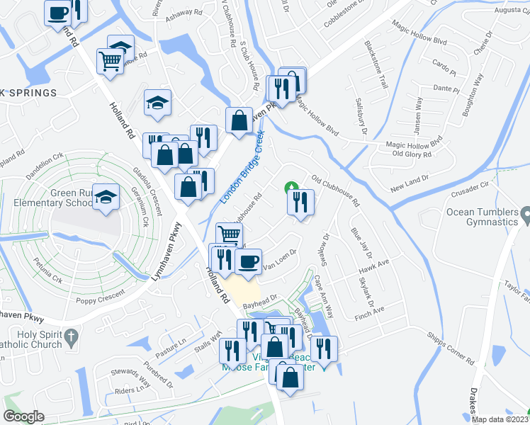 map of restaurants, bars, coffee shops, grocery stores, and more near 3218 Dunnbury Court in Virginia Beach