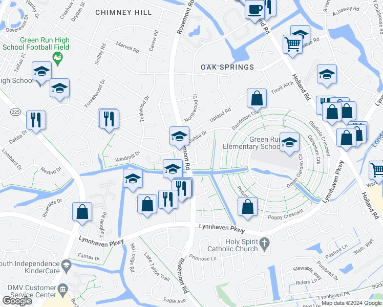map of restaurants, bars, coffee shops, grocery stores, and more near 1233 Shawn Drive in Virginia Beach