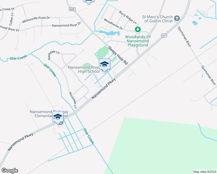 map of restaurants, bars, coffee shops, grocery stores, and more near 3264 Nansemond Parkway in Suffolk