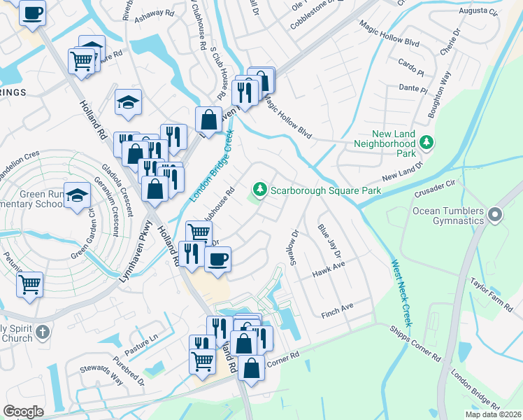 map of restaurants, bars, coffee shops, grocery stores, and more near 3201 Spruce Pine Road in Virginia Beach