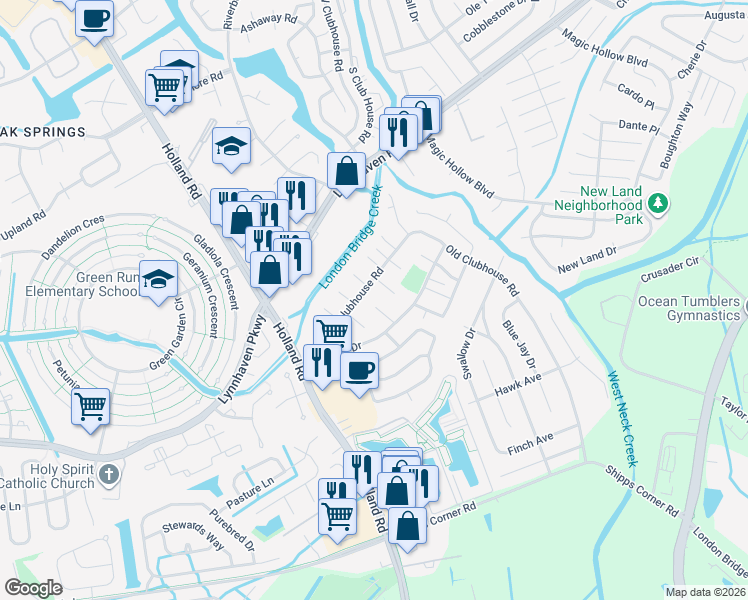 map of restaurants, bars, coffee shops, grocery stores, and more near 3210 Barlborough Way in Virginia Beach