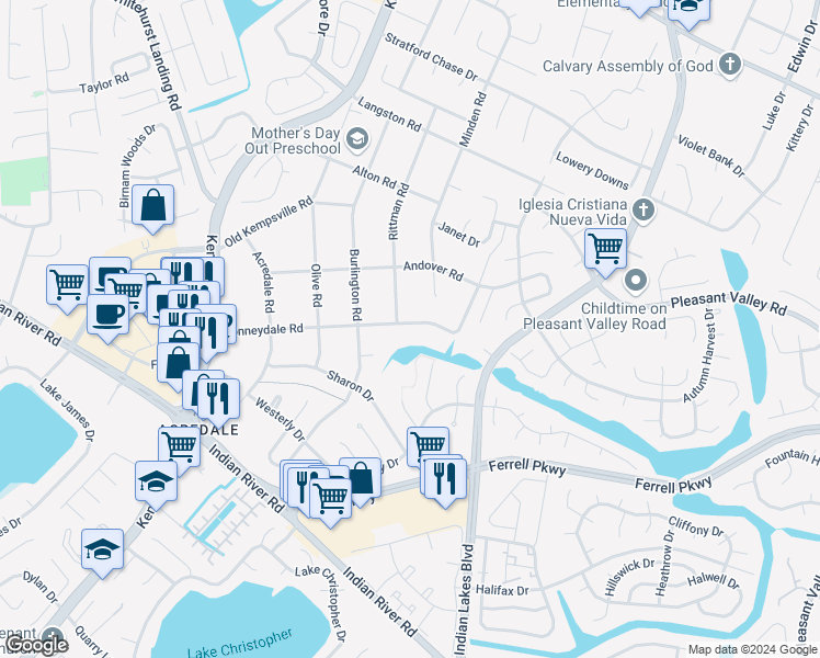 map of restaurants, bars, coffee shops, grocery stores, and more near 5161 Bonneydale Road in Virginia Beach