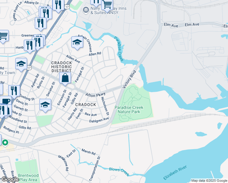 map of restaurants, bars, coffee shops, grocery stores, and more near 130 Afton Parkway in Portsmouth