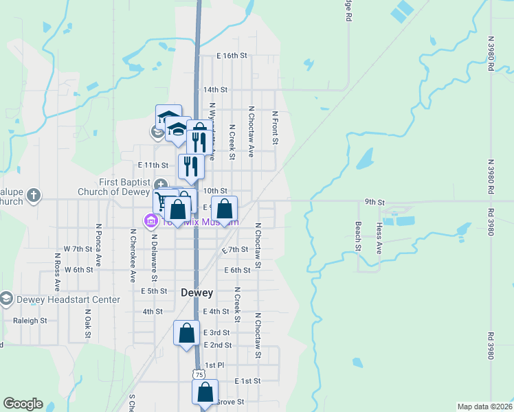 map of restaurants, bars, coffee shops, grocery stores, and more near 1001 North Choctaw Street in Dewey