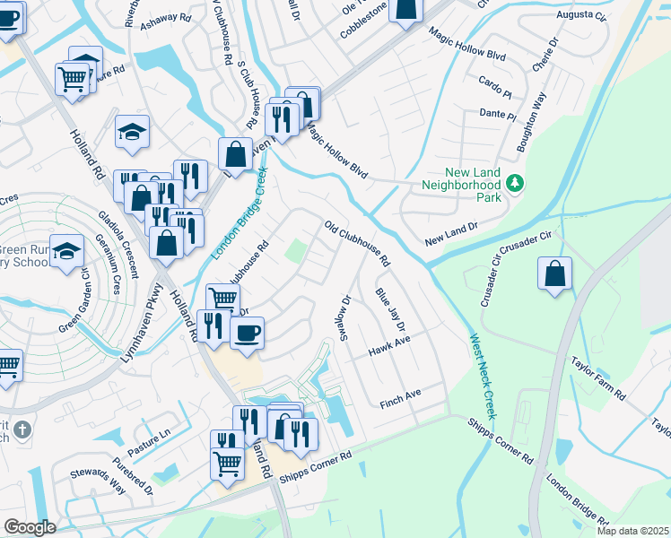 map of restaurants, bars, coffee shops, grocery stores, and more near 849 Old Clubhouse Road in Virginia Beach