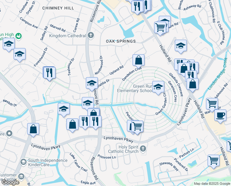 map of restaurants, bars, coffee shops, grocery stores, and more near 3540 Dandelion Crescent in Virginia Beach