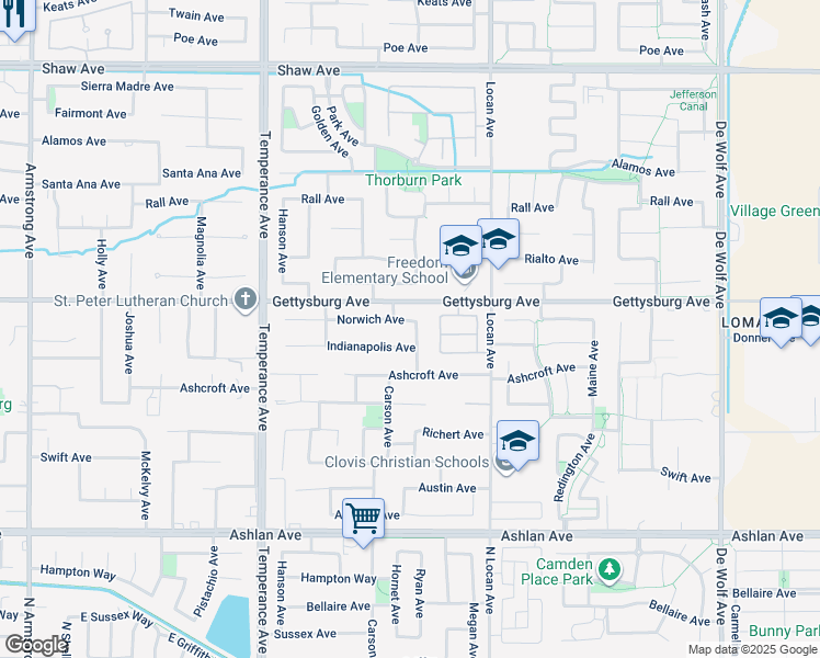 map of restaurants, bars, coffee shops, grocery stores, and more near 2840 Norwich Avenue in Clovis