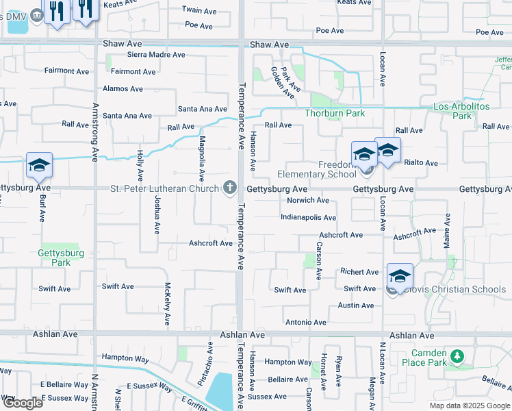map of restaurants, bars, coffee shops, grocery stores, and more near 2667 Norwich Avenue in Clovis