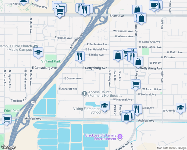 map of restaurants, bars, coffee shops, grocery stores, and more near 4834 East Gettysburg Avenue in Fresno