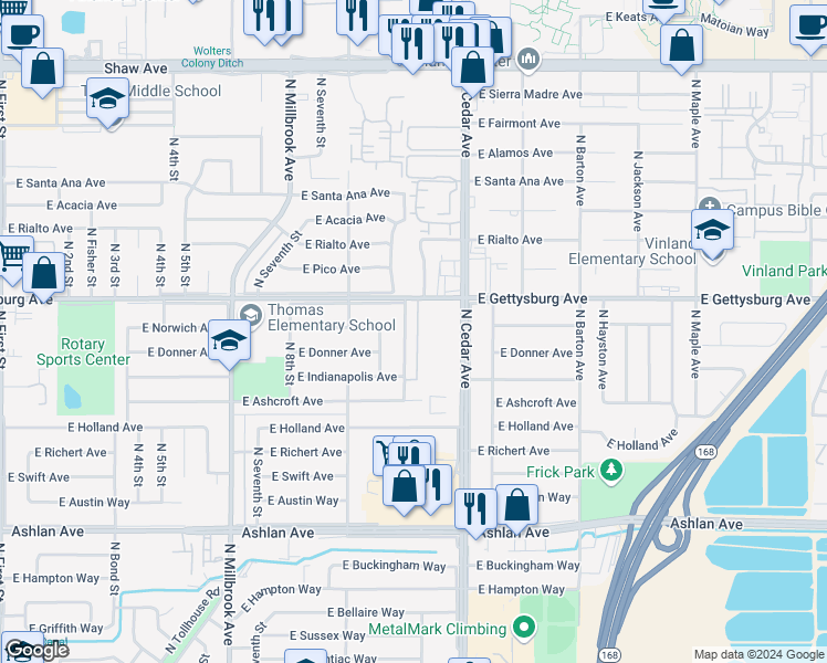 map of restaurants, bars, coffee shops, grocery stores, and more near 4134 East Gettysburg Avenue in Fresno