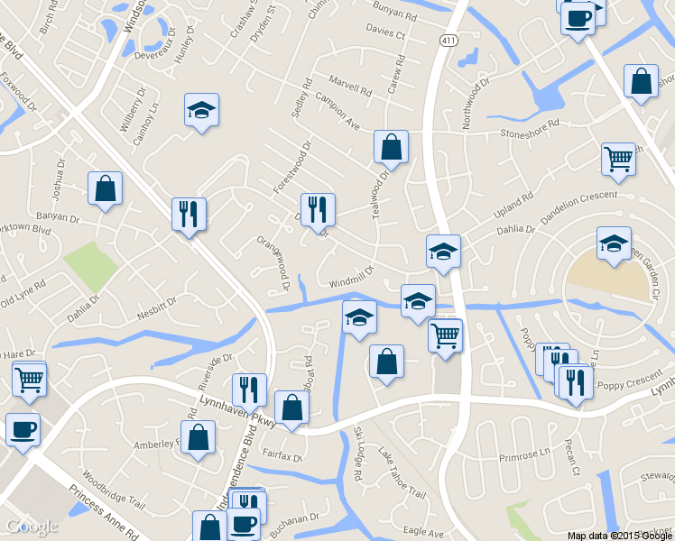 map of restaurants, bars, coffee shops, grocery stores, and more near 1102 Woodenshoe Court in Virginia Beach