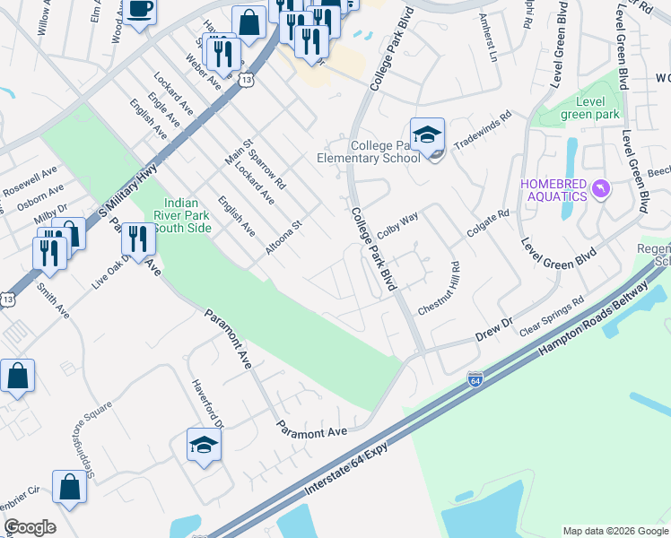 map of restaurants, bars, coffee shops, grocery stores, and more near 2228 Lockard Avenue in Chesapeake
