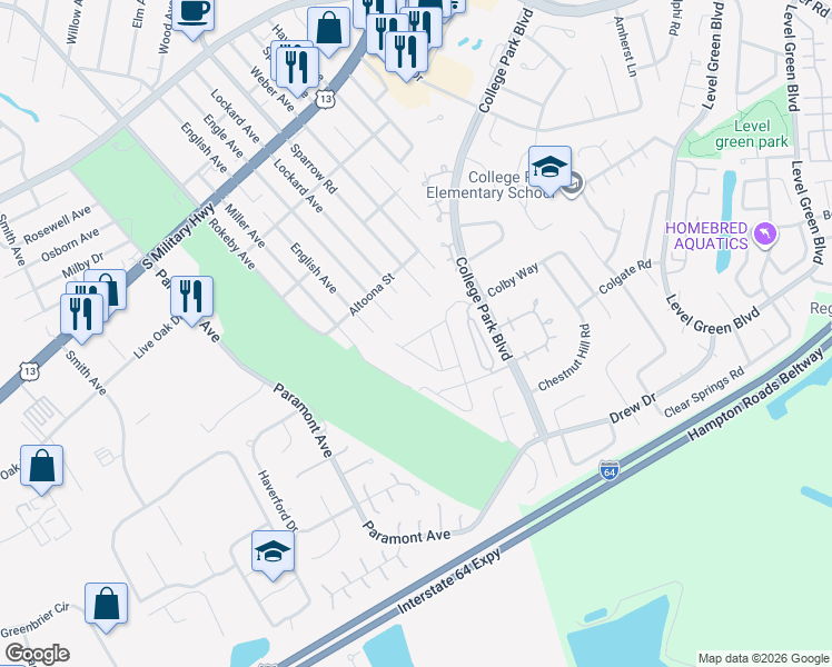 map of restaurants, bars, coffee shops, grocery stores, and more near 2228 Lockard Avenue in Chesapeake