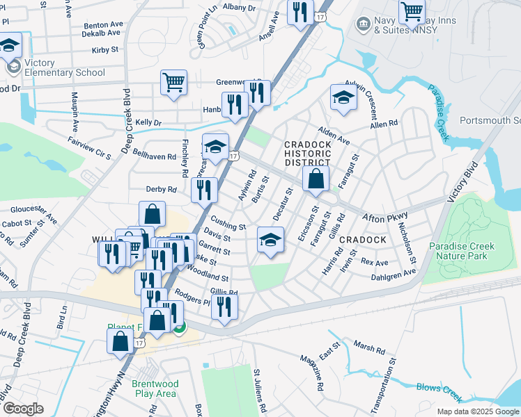 map of restaurants, bars, coffee shops, grocery stores, and more near 24 Channing Avenue in Portsmouth