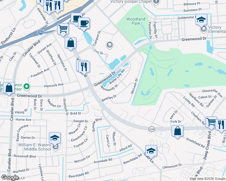 map of restaurants, bars, coffee shops, grocery stores, and more near 610 Normandy Street in Portsmouth