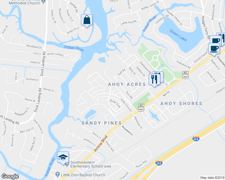map of restaurants, bars, coffee shops, grocery stores, and more near 4212 Schooner Trail in Chesapeake