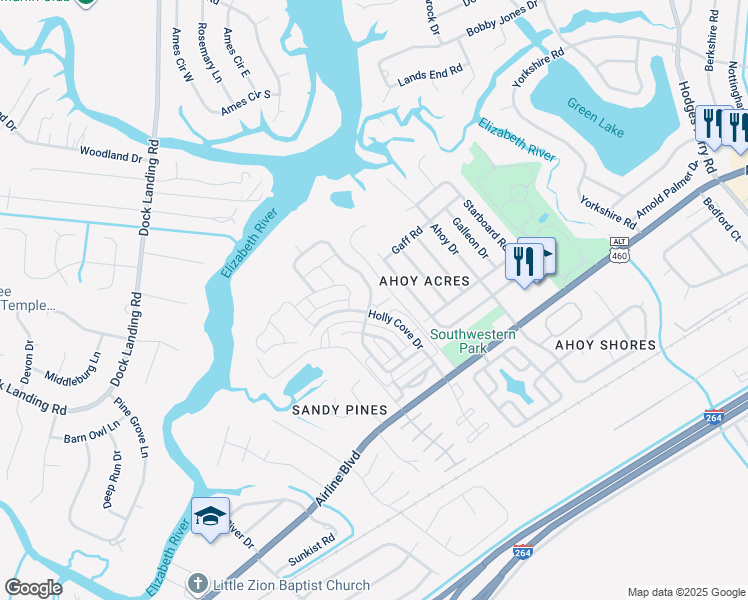 map of restaurants, bars, coffee shops, grocery stores, and more near 4212 Schooner Trail in Chesapeake