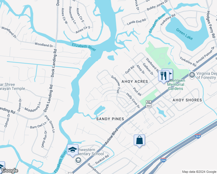 map of restaurants, bars, coffee shops, grocery stores, and more near 4124 Taught Line Loop in Chesapeake
