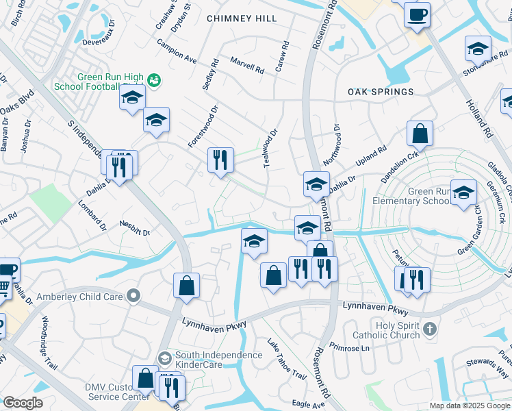 map of restaurants, bars, coffee shops, grocery stores, and more near 3683 Windmill Drive in Virginia Beach