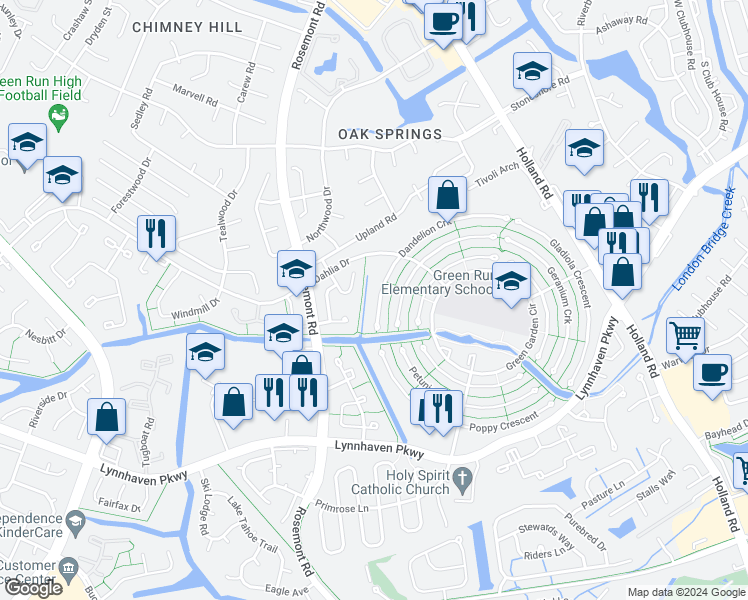 map of restaurants, bars, coffee shops, grocery stores, and more near 3540 Dandelion Crescent in Virginia Beach