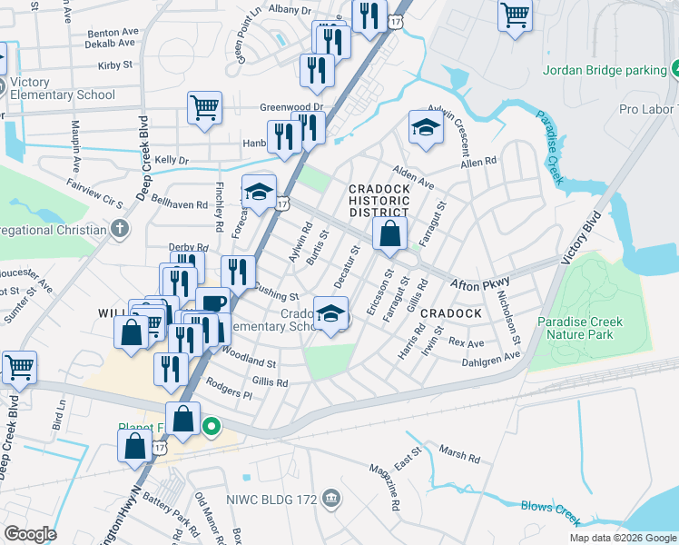 map of restaurants, bars, coffee shops, grocery stores, and more near 80 Cushing Street in Portsmouth
