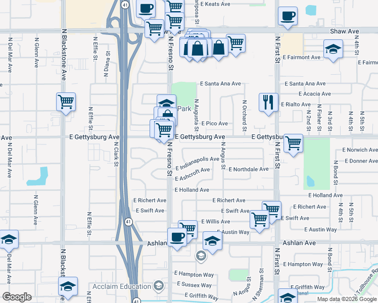 map of restaurants, bars, coffee shops, grocery stores, and more near 2634 East Norwich Avenue in Fresno