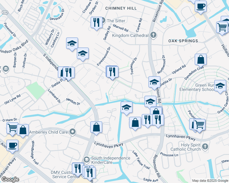 map of restaurants, bars, coffee shops, grocery stores, and more near 3595 Windmill Drive in Virginia Beach