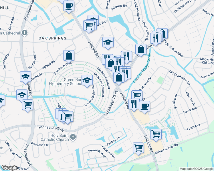 map of restaurants, bars, coffee shops, grocery stores, and more near 1213 Gladiola Crescent in Virginia Beach