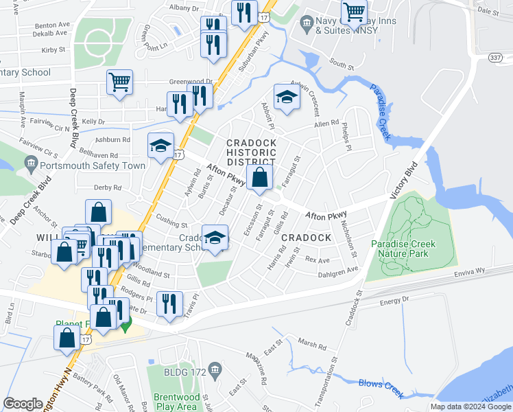map of restaurants, bars, coffee shops, grocery stores, and more near 73 Ericsson Street in Portsmouth