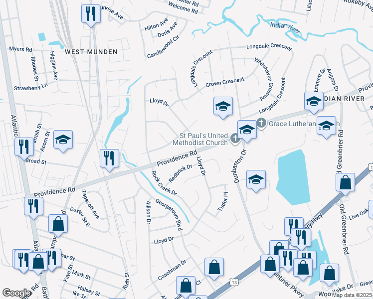 map of restaurants, bars, coffee shops, grocery stores, and more near 334 Providence Road in Chesapeake