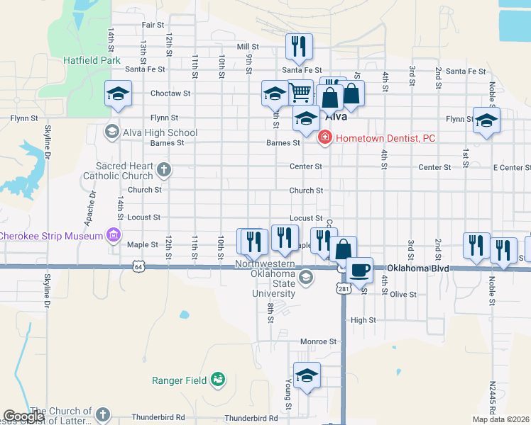 map of restaurants, bars, coffee shops, grocery stores, and more near 729 Church Street in Alva