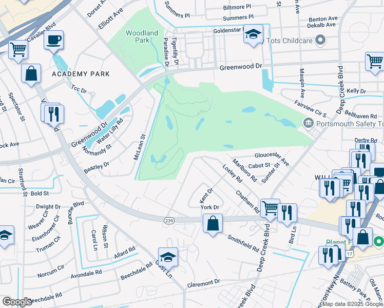 map of restaurants, bars, coffee shops, grocery stores, and more near 61 Loxley Road in Portsmouth