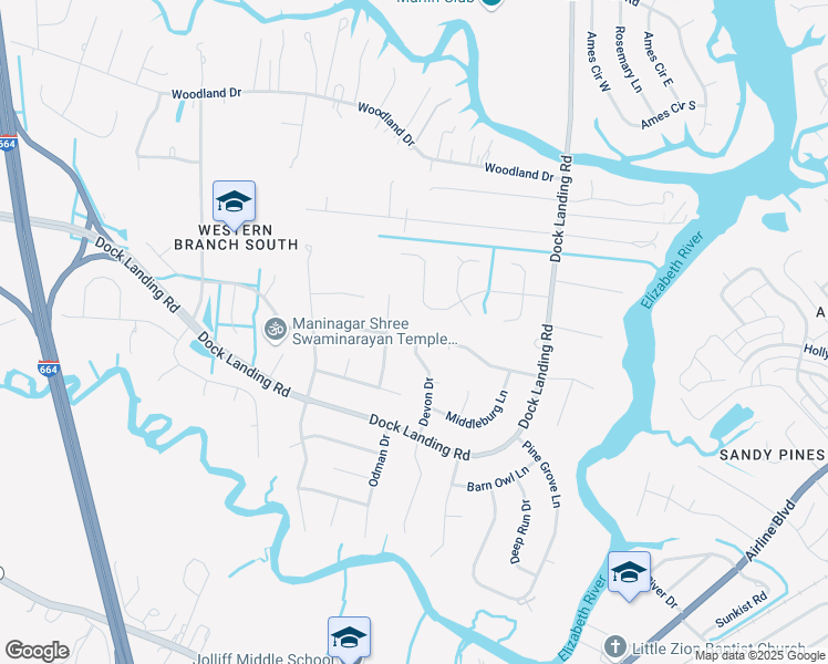 map of restaurants, bars, coffee shops, grocery stores, and more near 4038 Devon Drive in Chesapeake