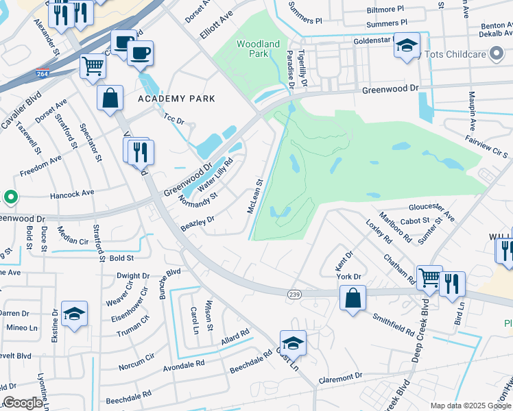 map of restaurants, bars, coffee shops, grocery stores, and more near 607 McLean Street in Portsmouth