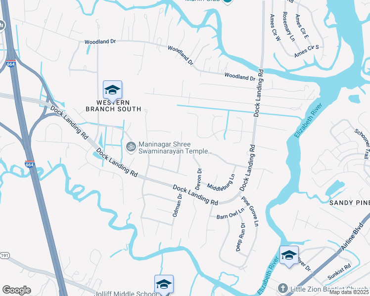 map of restaurants, bars, coffee shops, grocery stores, and more near 1628 Hydenwood Crescent in Chesapeake