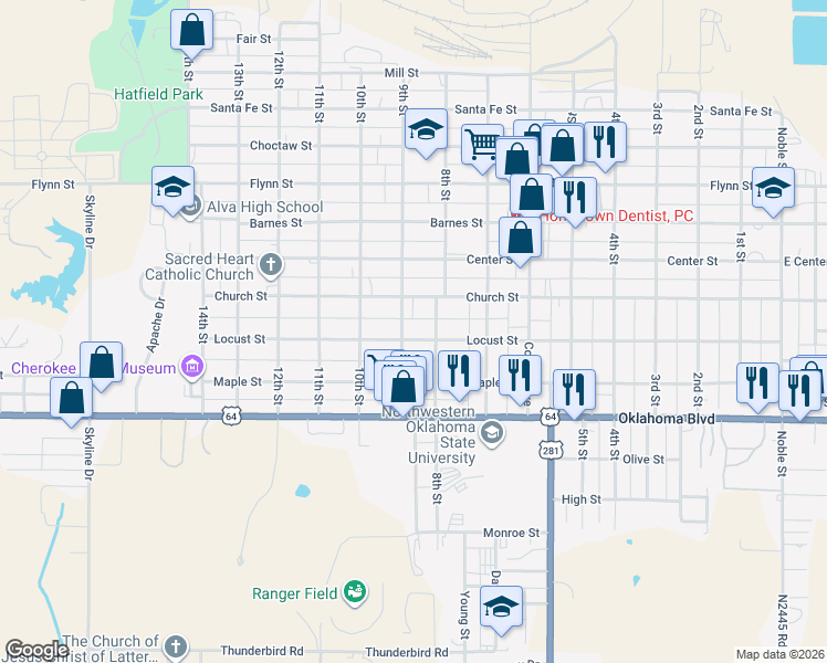 map of restaurants, bars, coffee shops, grocery stores, and more near 829 Church Street in Alva