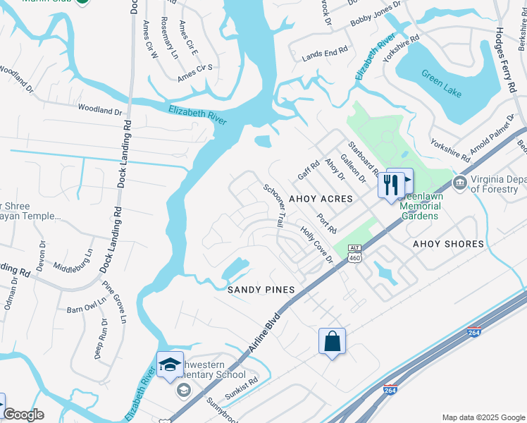 map of restaurants, bars, coffee shops, grocery stores, and more near 4132 Taught Line Loop in Chesapeake