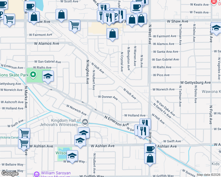 map of restaurants, bars, coffee shops, grocery stores, and more near 1808 West Gettysburg Avenue in Fresno