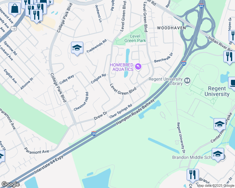 map of restaurants, bars, coffee shops, grocery stores, and more near 6205 Lippizan Circle in Virginia Beach