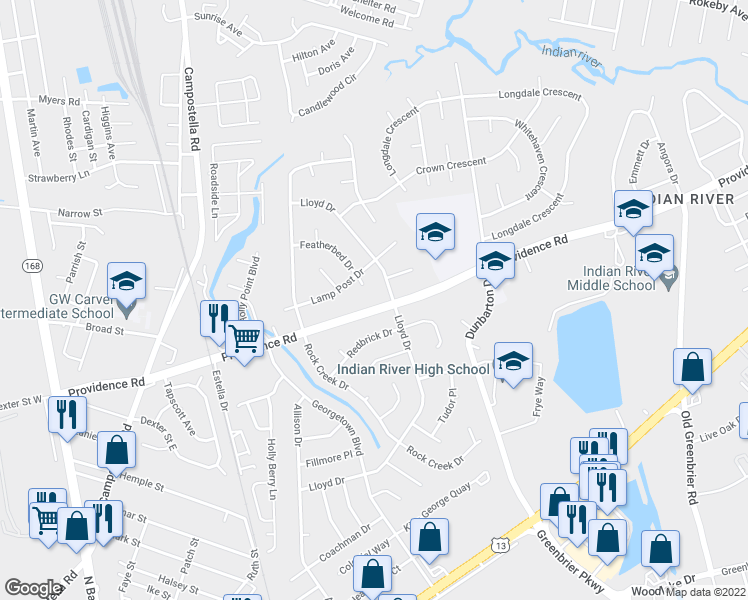 map of restaurants, bars, coffee shops, grocery stores, and more near 334 Providence Road in Chesapeake