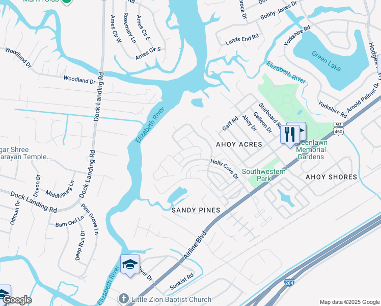 map of restaurants, bars, coffee shops, grocery stores, and more near 4122 Taught Line Loop in Chesapeake