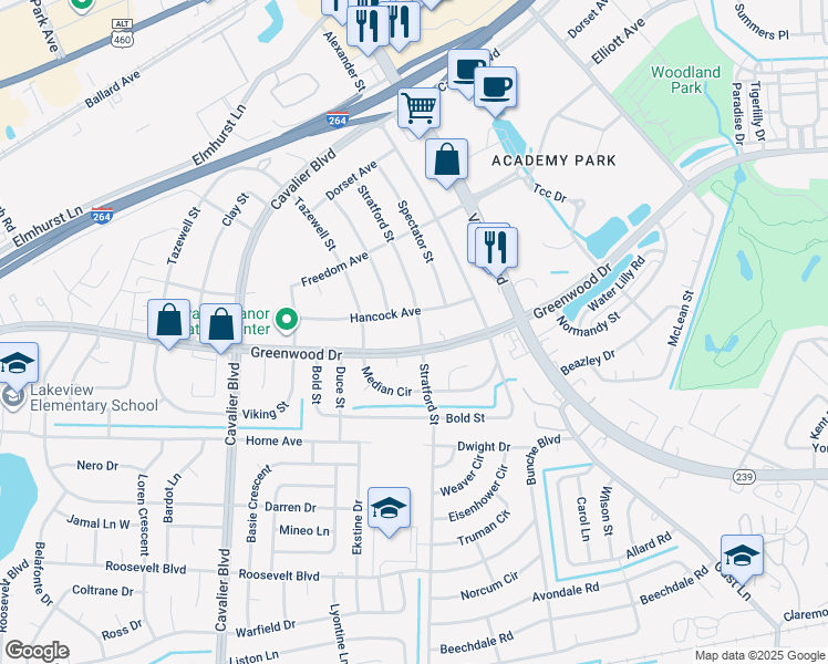 map of restaurants, bars, coffee shops, grocery stores, and more near 1402 Stratford Street in Portsmouth