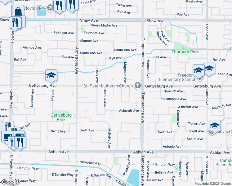 map of restaurants, bars, coffee shops, grocery stores, and more near 2802 Magnolia Avenue in Clovis
