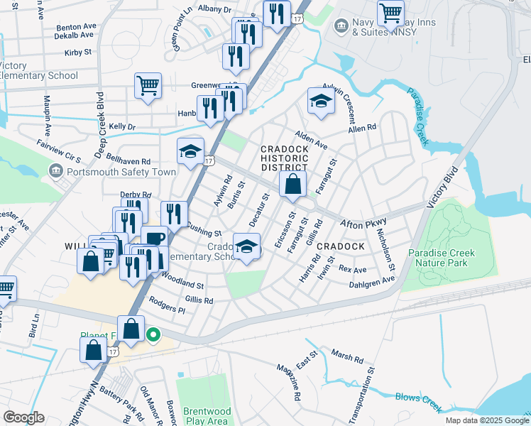 map of restaurants, bars, coffee shops, grocery stores, and more near 41 Channing Avenue in Portsmouth