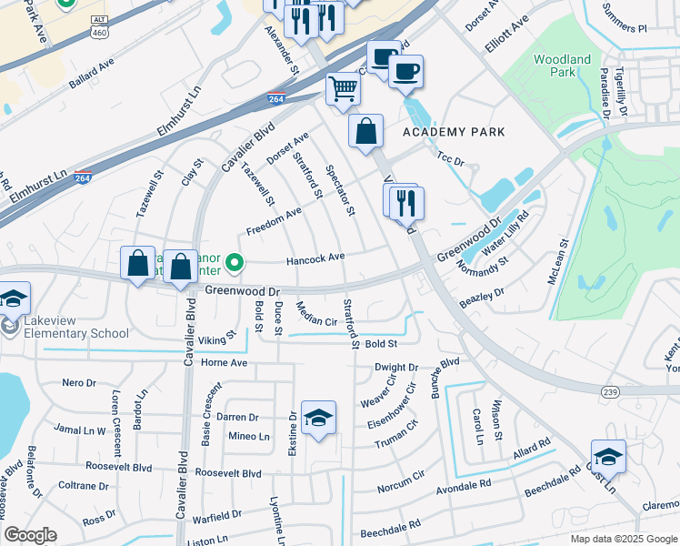 map of restaurants, bars, coffee shops, grocery stores, and more near 1402 Stratford Street in Portsmouth