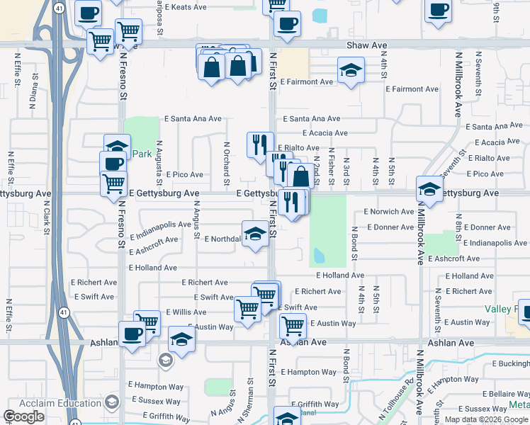 map of restaurants, bars, coffee shops, grocery stores, and more near 4565 North First Street in Fresno